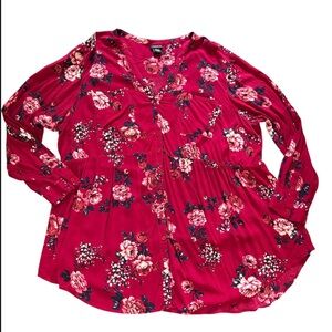 Torrid Plus Size 4X Burgundy Floral Button Front Long Sleeve Rayon Blouse